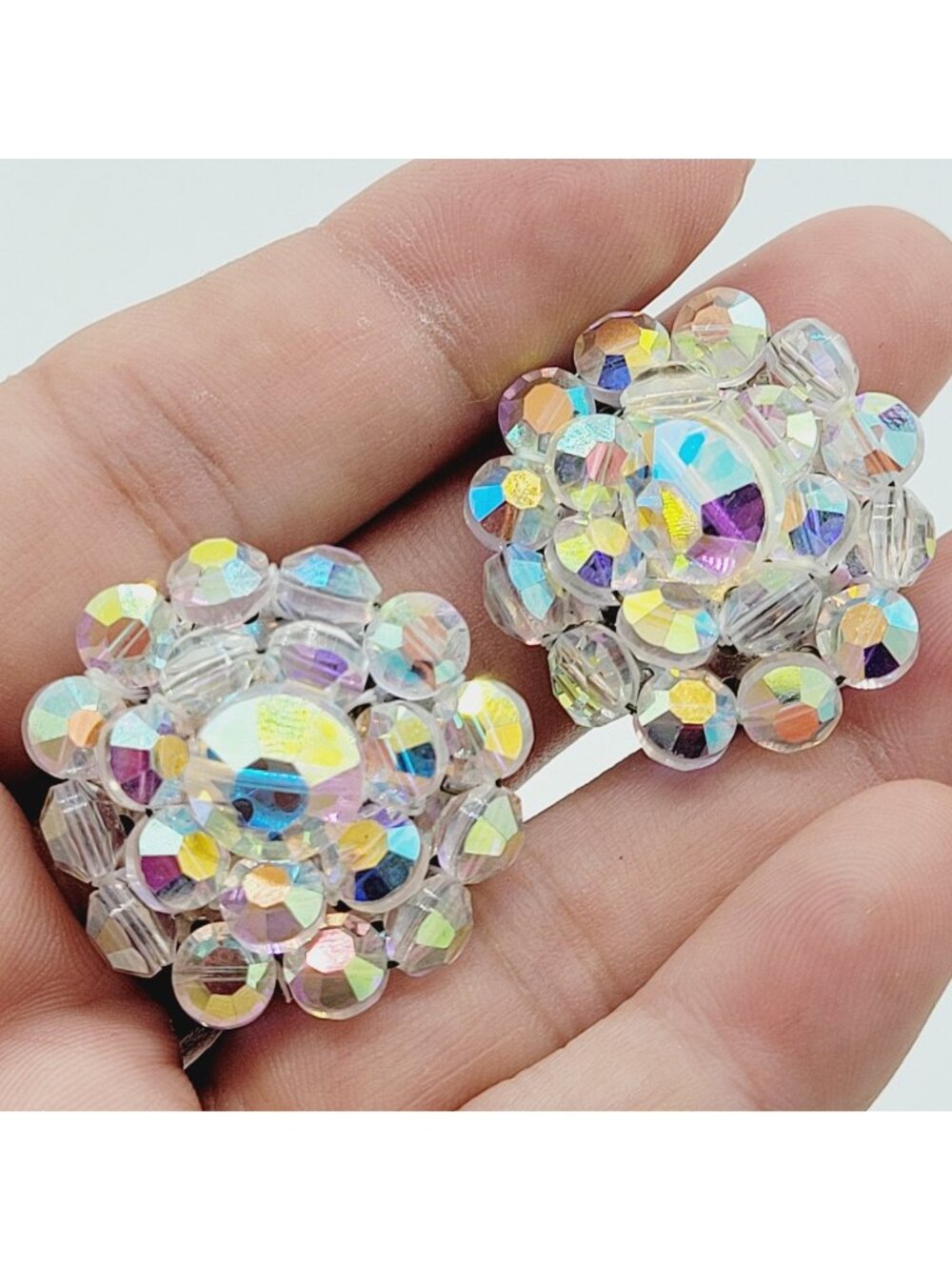 Vintage Clear Aurora Borealis Beaded Cluster Earrings 1"